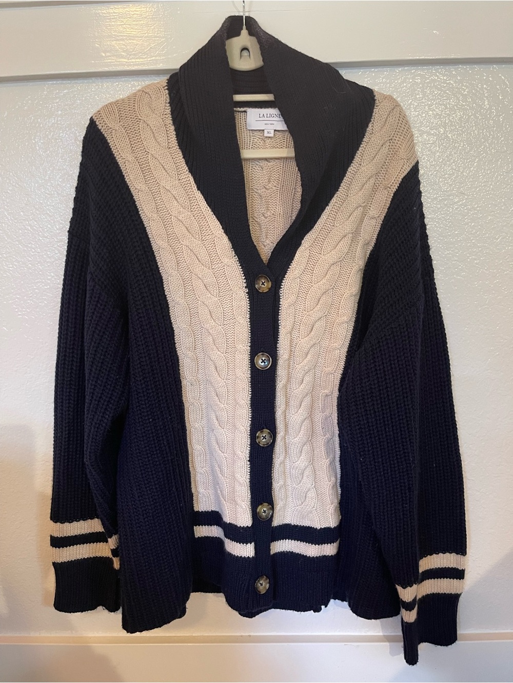 La Ligne Navy and Cream Cable Knit Cardigan with Shawl Collar